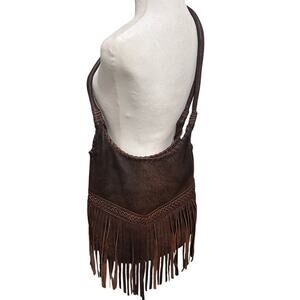 Hippie Boho Super Soft Leather Fringe Woven Shoulder Bag Western Chic, Brown, OS